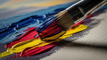 Fototapeta premium Artist s brush applying vibrant red and yellow paint to canvas