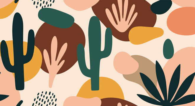 Modern seamless pattern with abstract shapes and hand-drawn cacti in a trendy terracotta and green bohemian color palette.
