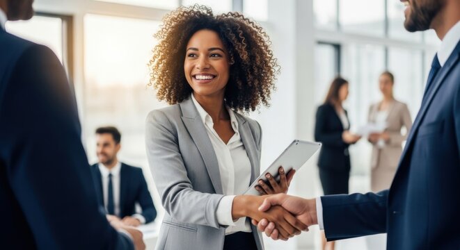 Diverse business professionals shake hands in modern office. - Powered by Adobe