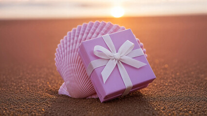 Small pink gift box tied with a white ribbon resting against a large pink seashell on a sandy beach at sunset