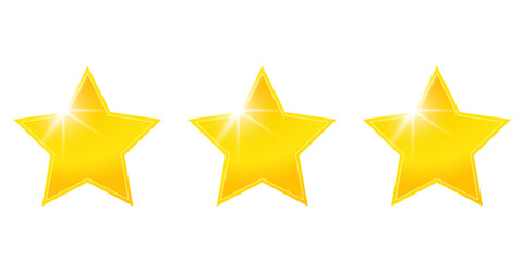 Three gold star rating icons isolated. Glossy golden stars clipart for reviews. Customer product rating symbol. 3D shiny five-point stars. PNG with transparent background look. Flat lay style. Clippin