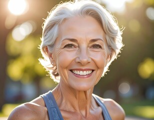 Portrait of a smiling senior woman outdoors in natural light, showcasing her healthy and happy lifestyle