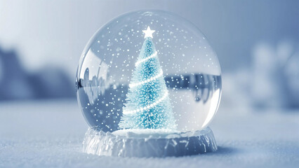 Close up of a glowing blue christmas tree inside a snow globe resting on a snowy surface during winter