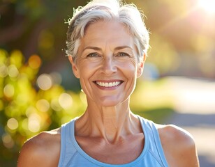Joyful senior woman with a radiant smile enjoying the warm sunlight outdoors, embodying healthy aging and a vibrant, carefree lifestyle