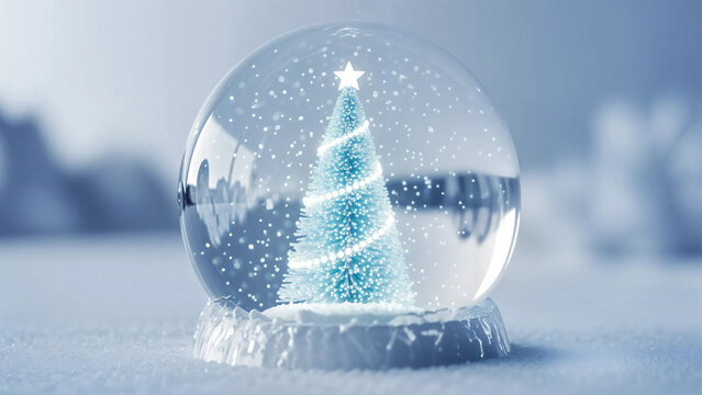 Close up of a glowing blue christmas tree inside a snow globe resting on a snowy surface during winter