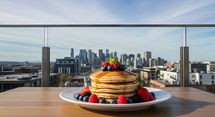 Delicious Stack of Pancakes with Berries and Syrup on a Rooftop with City Skyline View.