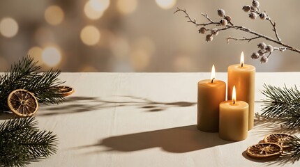 Warm and inviting holiday season ambiance with lit candles, pine branches, and dried orange slices, creating a cozy festive atmosphere