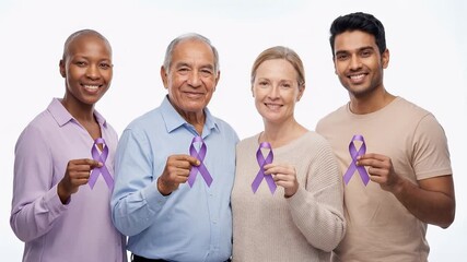 Diverse group of people smiling and holding purple ribbons for cancer awareness while looking at camera on white studio background