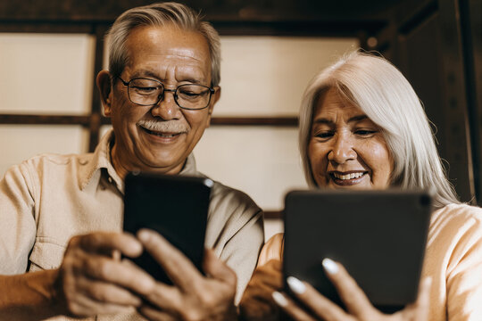Happy senior asian couple using smartphone and tablet together at home sharing digital content in cozy comfortable living space. Generative AI.