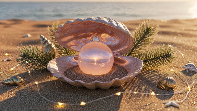 Glowing pink pearl inside an open seashell resting on sandy beach with ocean in background at sunset