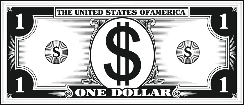 Stylized one-dollar bill illustration, black and white currency graphic, humorous money design, financial concept vector, educational theme