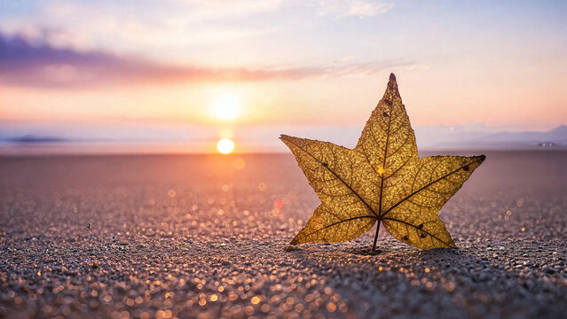 Golden star shaped autumn leaf standing upright on a textured ground during a vibrant sunset or sunrise over a distant horizon