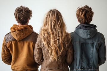 Three individuals stand together, exuding a sense of camaraderie and style, showcasing different hair and jacket styles.