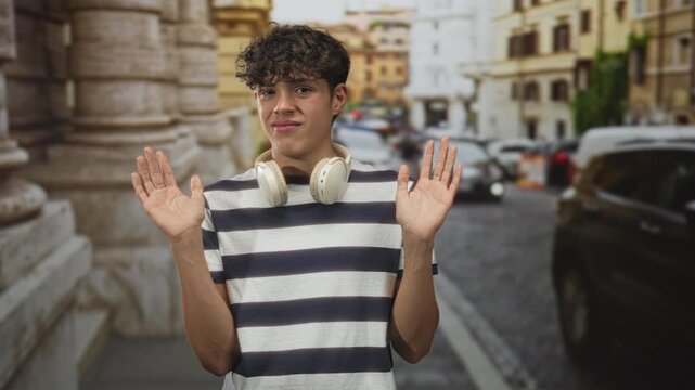 Teenage boy in striped shirt with headphones around his neck raises both palms in a shrug surrender gesture on a narrow european street beside stone building and parked cars; playful defiance.