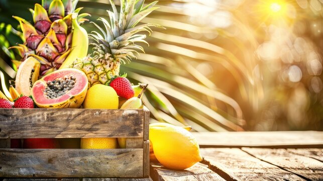 Fresh Tropical Fruit Assortment in Rustic Wooden Crate on Sunlit Outdoor Table