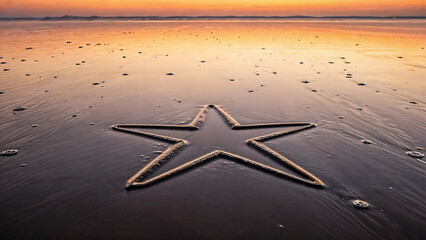 Star shape drawn in wet sand on beach at sunset with ocean water receding in background
