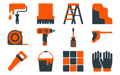 Collection of diy home improvement and renovation tools and supplies including a paint roller brush ladder measuring tape drill screwdriver saw bucket tiles and gloves