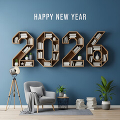 Interior design featuring a blue wall with the text 'Happy New Year' and the year 2026 constructed as bookshelves.