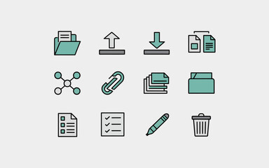 Collection of hand drawn style icons representing digital files documents folders upload download and organization tools for business and technology concepts
