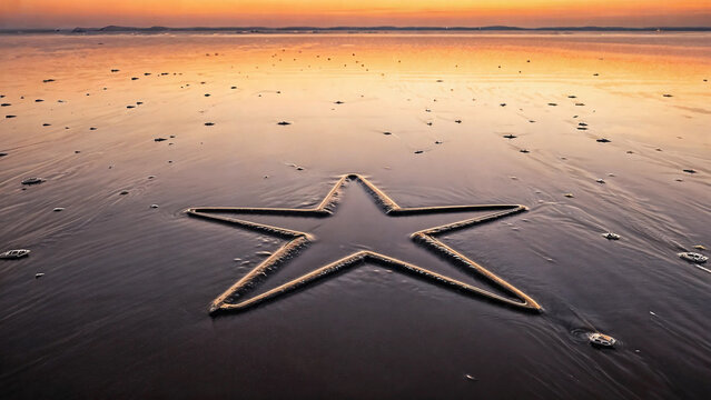 Star shape drawn in wet sand on beach at sunset with ocean water receding in background