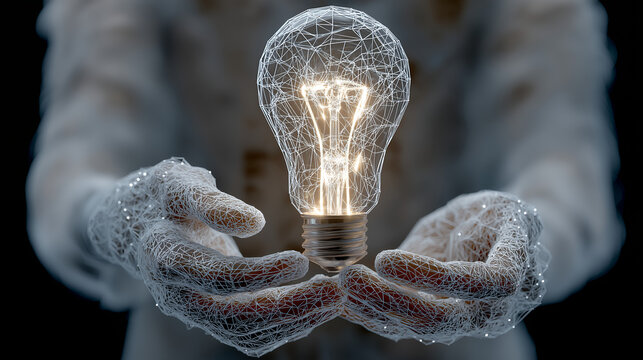 Abstract hands made neon wireframe holding glowing bulb technology concept modern design generated AI