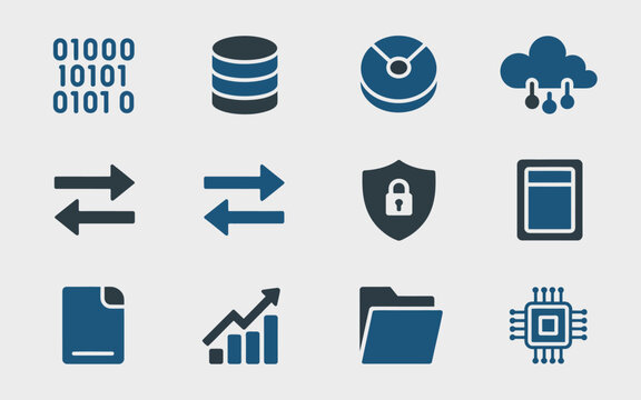 Set of modern flat icons representing digital data storage cloud computing security and technology concepts in a clean and organized grid layout