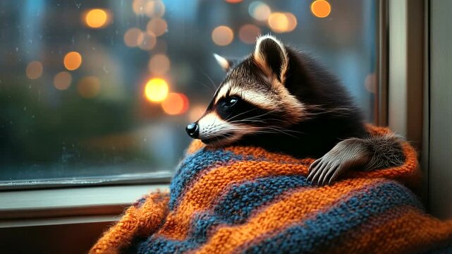 Cozy raccoon wrapped in a colorful blanket by a window with blurred lights