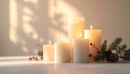 Gentle glow of lit candles with festive pine sprigs and pinecones, creating a warm and inviting ambiance