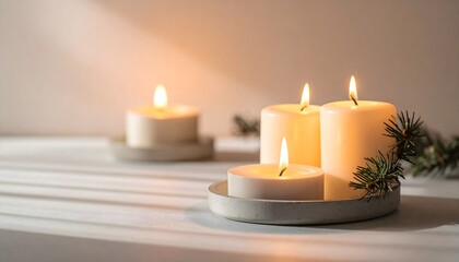 Warm glow of lit candles on a table with pine needles, creating a cozy and serene atmosphere