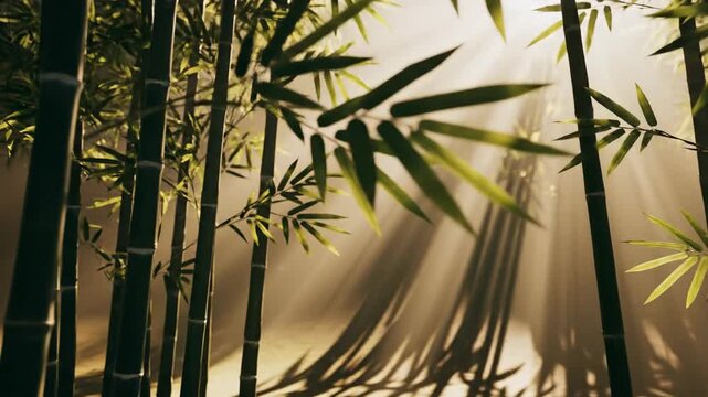 Serene bamboo forest canopy sunlight rays atmosphere