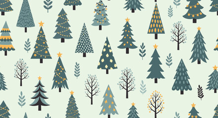Seamless winter pattern with a variety of stylized Christmas trees in a modern, Scandinavian design on a light green background.