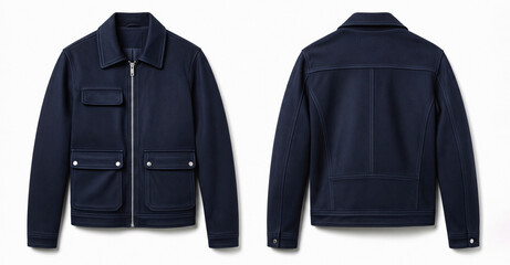 Naklejka premium Navy Blue Men's Casual Zip-Up Jacket with Pockets, Front and Back Views Isolated on White