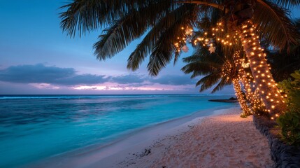 A beach with a palm tree lit up with lights