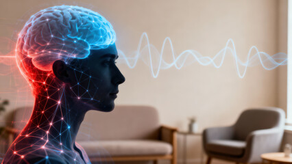 Neural network brain human profile silhouette head wave ai technology science cognitive data connection glow blue red mesh pattern pulse signal