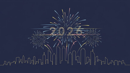 Minimalist 2026 New Year fireworks city skyline glowing gold outline elegant modern illustration. 2026 city and fireworks picture. abstract fireworks New Year graphic with gold line city skyline 