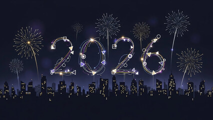 2026 new year fireworks illustration glowing infographic style city skyline festive digital artwork. 2026 light city bright sky fireworks sparkles. 2026 celebratory new year city skyline
