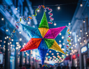 Vibrant Mexican Star Piñata Hanging in a City Street at Night
