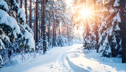 A tranquil scene of a snow-covered road winding through a coniferous forest during a bright, cold sunrise