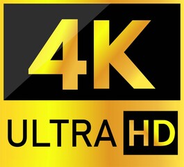 Golden 4k ultra hd logo or symbol representing high definition digital video resolution and modern television technology on a black and gold background