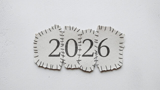 Minimal Stitched 2026 on Textured Fabric Patches for Clean New Year Design. Handmade Fabric Numbers for a Soft New Year Theme. Cute Patchy 2026 Numbers on Soft Fabric Pieces - Powered by Adobe