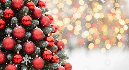 Falling Snow and Warm Bokeh Banner Background with Red Ornamented Tree