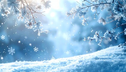 Winter wonderland scene with snowy branches and soft blue light creating a magical atmosphere