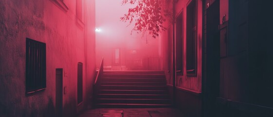 Foggy alleyway bathed in crimson light