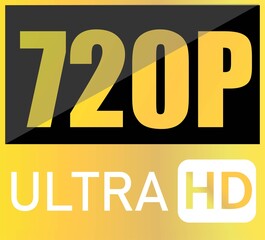 Digital graphic displaying 720p resolution indicator with ultra hd text, representing high definition video quality standard in a modern, bold design with yellow and black contrast