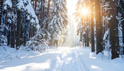 Golden sunlight illuminates a serene winter forest path, carving through majestic snow-covered pine trees with frosty branches, creating a tranquil and picturesque natural landscape