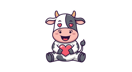 Naklejka premium A cute cartoon baby cow sitting and holding a red heart, with heart-shaped eyes expressing love, for Valentine's Day designs.