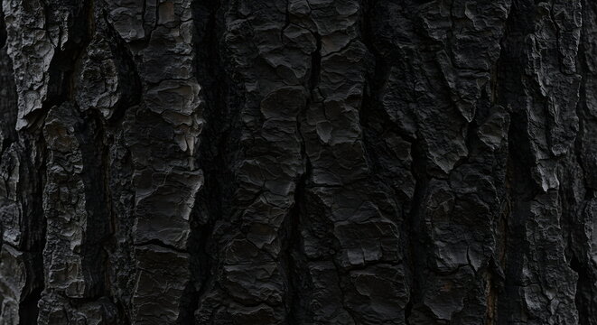 Dramatic close-up of charred tree bark texture creates striking contrast, ideal for backgrounds, nature themes, or moody design projects with raw organic feel