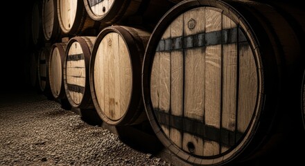 Aged wooden barrels stacked in a dimly lit cellar