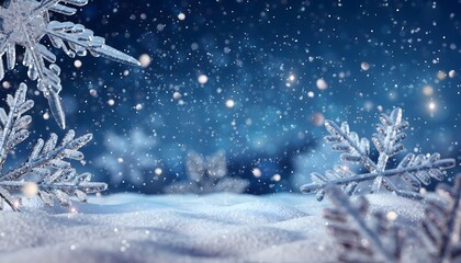 Winter Snowscape Blue Background with Snowflakes and Bokeh Lights
