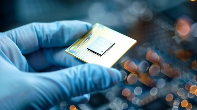 A close-up view of a high-precision technology electronic microprocessor chip held by a scientist wearing blue gloves with a blurred circuit board background
